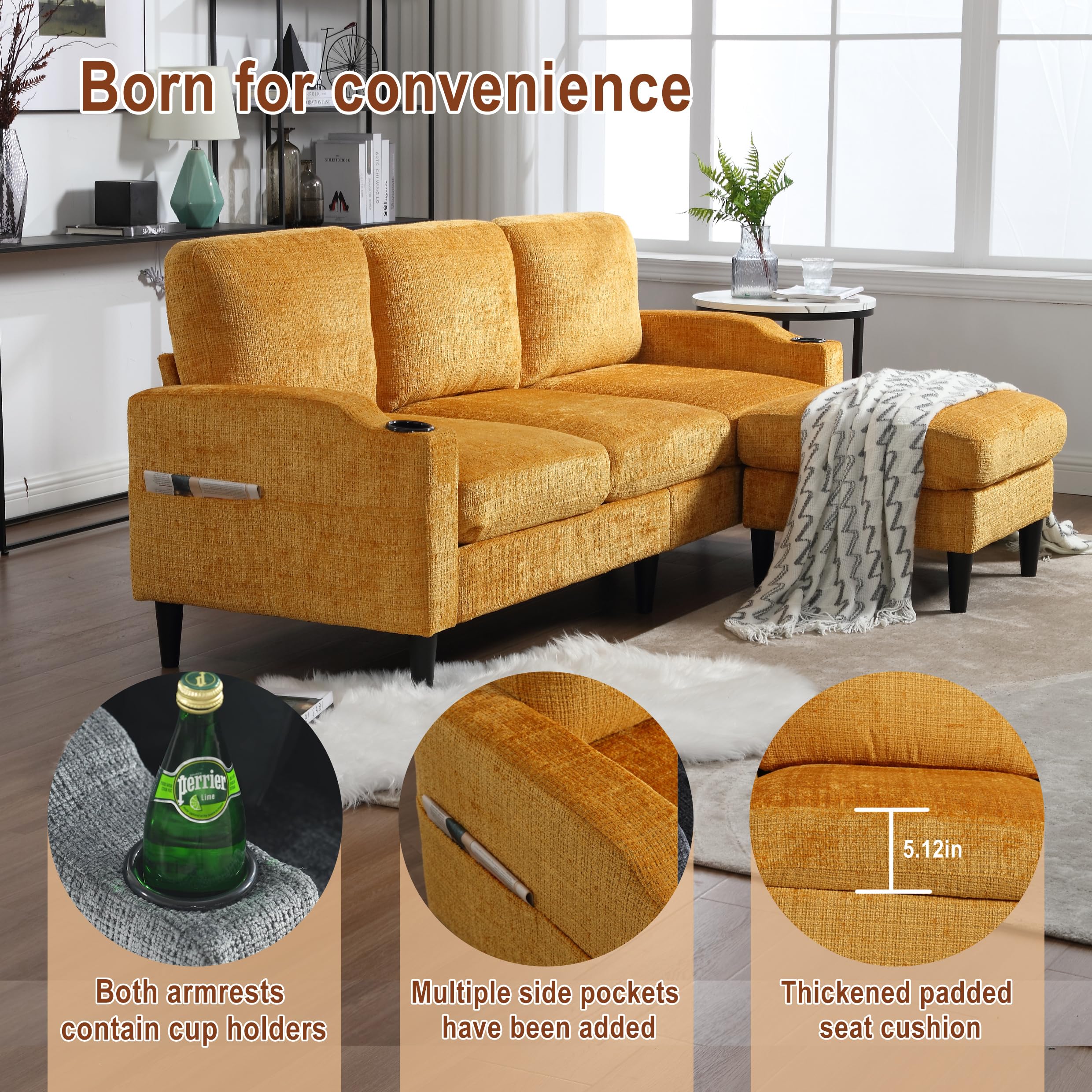 Tongbaiyi 77" Convertible Sectional Sofa Couch, Yellow 3 Seat L Shaped Sectional Couches with Chenille Fabric,Storage Ottoman, Cup Holder and Magazine Bags for Home, Apartment, Dorm, Compact Spaces