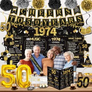 50th Birthday Decorations for Men Women, 18Pcs Include Back in 1974 Banner Decorations, Black Gold 50 Year Old Birthday Backdrop, 1974 Birthday Card, Hanging Swirl, Balloon, Paper Poms,Sash