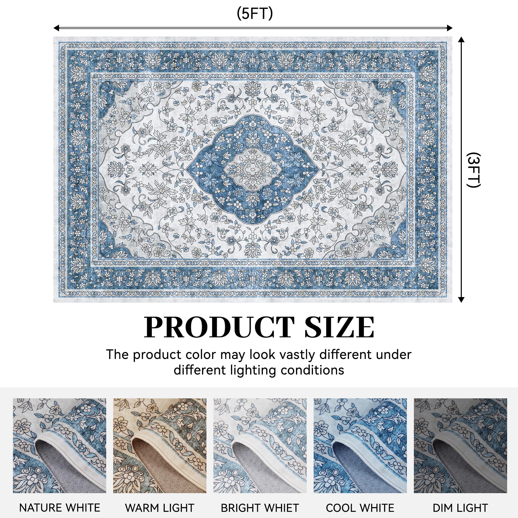 3x5 Machine Washable Rug Boho Rug Mat Soft Non Slip Area Rugs Indoor Stain Resistant Carpet for Door Living Room Kitchen Bedroom