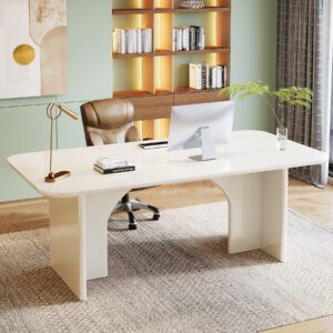 Tribesigns 62.99" Large Desk, Modern Home Office Computer Desk for 1-2 Person, Minimalist Double PC Writing Table Study Desk Executive Desk with Arch Design Legs, Cream White