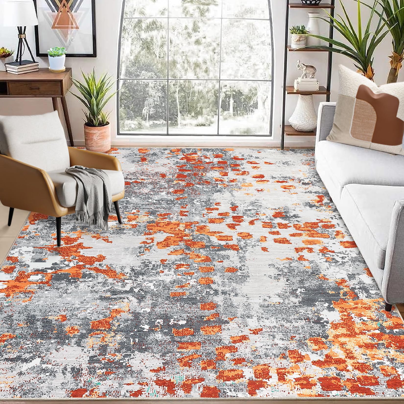 GarveeHome Area Rug 10x13 Machine Washable Rug Modern Abstract Rug for Living Room Non Slip Non Shedding Indoor Floor Cover Accent Rug for Living Room Bedroom, Orange/Grey