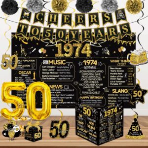 50th Birthday Decorations for Men Women, 18Pcs Include Back in 1974 Banner Decorations, Black Gold 50 Year Old Birthday Backdrop, 1974 Birthday Card, Hanging Swirl, Balloon, Paper Poms,Sash