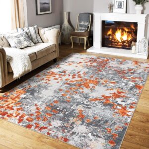 GarveeHome Area Rug 10x13 Machine Washable Rug Modern Abstract Rug for Living Room Non Slip Non Shedding Indoor Floor Cover Accent Rug for Living Room Bedroom, Orange/Grey