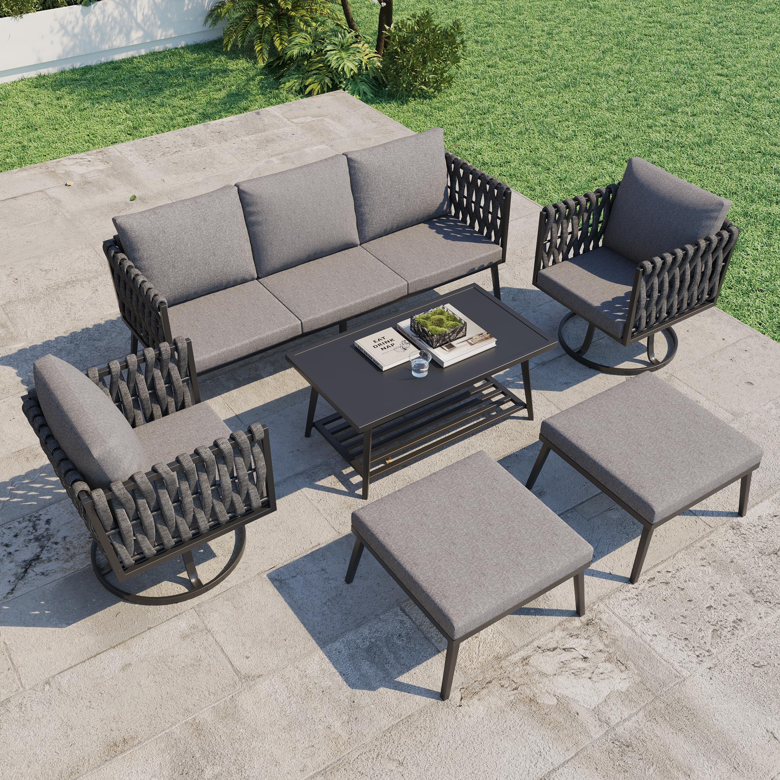 HOMREST 6 Pieces Metal Patio Furniture Set, Outdoor Aluminum Furniture w/ 2 Swivel Chairs, Ottoman, Coffee Table, Woven Rope Modern Patio Conversation Set for Balcony, Garden, Yard (7 Seats, Grey)