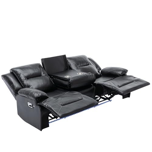 3-Seater Manual Wall Hugger Chair Oversized RV Sofa Loveseat Sofá PU Leather Upholstered Double Reclining Lounge Sectional Couch with LED Light Strip,Drop-down Table and Cup Holders for Living Room