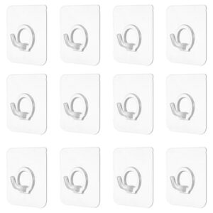 Qianyu 12 Pcs Adhesive Hooks for Hanging Clear Sticky Wall Hooks Heavy Duty Plastic Door Hooks No Drilling Strong Waterproof Sticker Hanger for Home Kitchen Bathroom Office Use