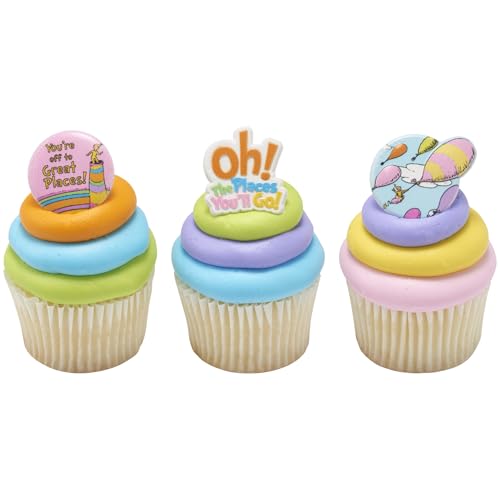 DecoPac Oh, the Places You'll Go! Cupcake Rings, 24 Dr. Seuss Cupcake Decorations For Graduation, Wedding, Birthday, Food Safe Cake Toppers – 24 Pack