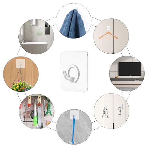 Qianyu 12 Pcs Adhesive Hooks for Hanging Clear Sticky Wall Hooks Heavy Duty Plastic Door Hooks No Drilling Strong Waterproof Sticker Hanger for Home Kitchen Bathroom Office Use