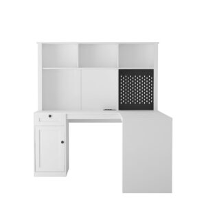 Home Office L Shaped Desk with Hutch, Drawers & Bookshelf and LED Light, Wood Computer Desk with Charger, Corner Desk Study Table Writing Desk, Gaming Computer Desk for Study Room, White