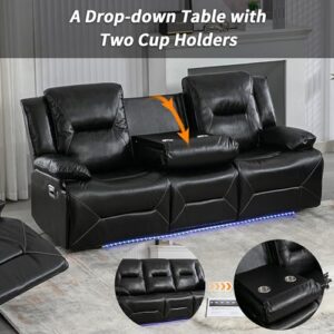 3-Seater Manual Wall Hugger Chair Oversized RV Sofa Loveseat Sofá PU Leather Upholstered Double Reclining Lounge Sectional Couch with LED Light Strip,Drop-down Table and Cup Holders for Living Room