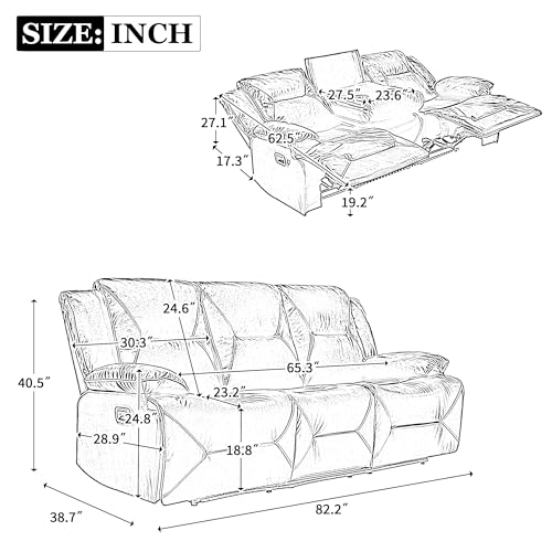 3-Seater Manual Wall Hugger Chair Oversized RV Sofa Loveseat Sofá PU Leather Upholstered Double Reclining Lounge Sectional Couch with LED Light Strip,Drop-down Table and Cup Holders for Living Room