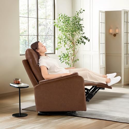 COLAMY Recliner Chair, Living Room Sofa Home Theater Seat PU Leather Couch with Footrest Cushion, Swivel Rocker Modern Bedroom Glider Chairs, Cocoa