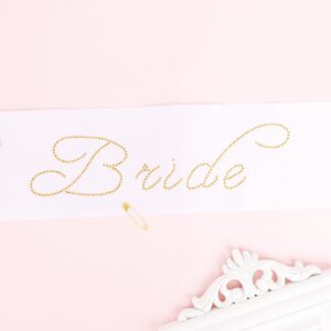 BAHABY Rhinestone Bride to Be Sash Bachelorette Party Favors Bachelorette Sash for Women Bridal Shower Gifts Engagement Party Decorations- White Sash with Gold Rhinestone