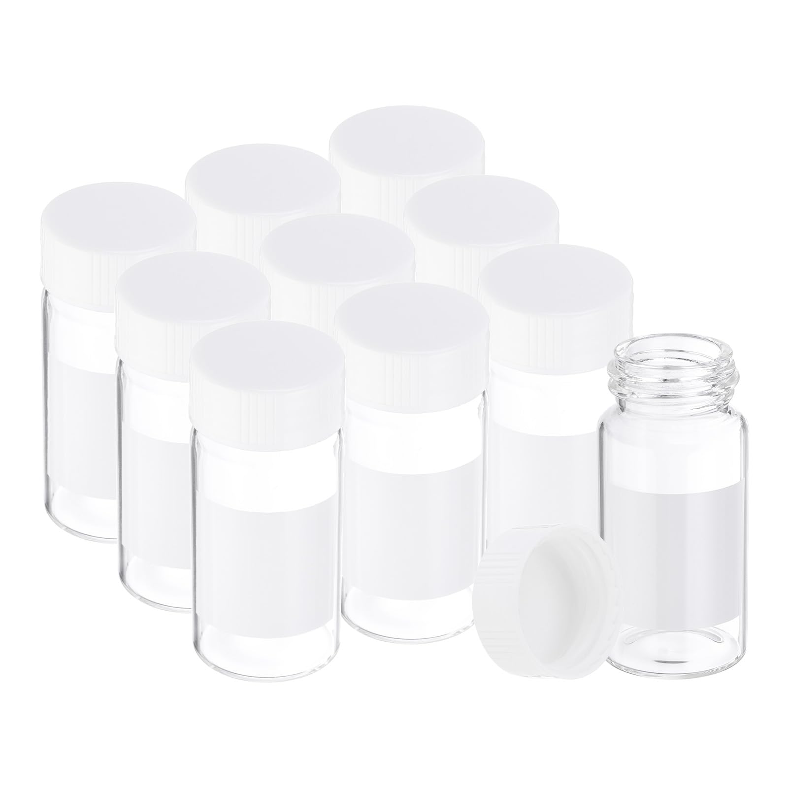 PATIKIL 10pcs 20ml Small Clear Glass Vials with White Screw Cap, Borosilicate Glass Sample Bottles with Writing Label for Solid Liquid Powder Storage