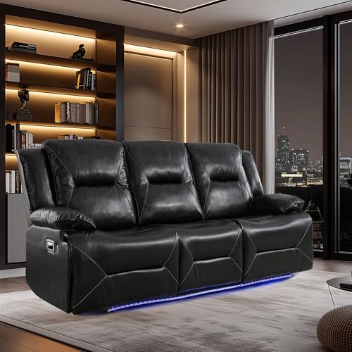 3-Seater Manual Wall Hugger Chair Oversized RV Sofa Loveseat Sofá PU Leather Upholstered Double Reclining Lounge Sectional Couch with LED Light Strip,Drop-down Table and Cup Holders for Living Room