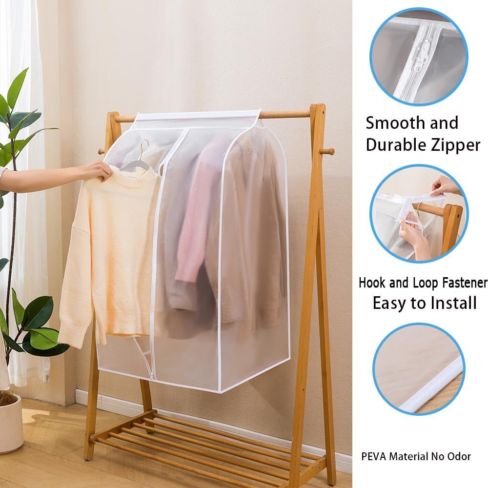 Garment Covers for Hanging Clothes,Large PEVA Hanging Clothes Storage with Zipper and Hook - and - Loop Fastener,Hanging Garment Bags for Closet Storage for Suit Coat Dress (Matte, 23.6x39.3x53.4)