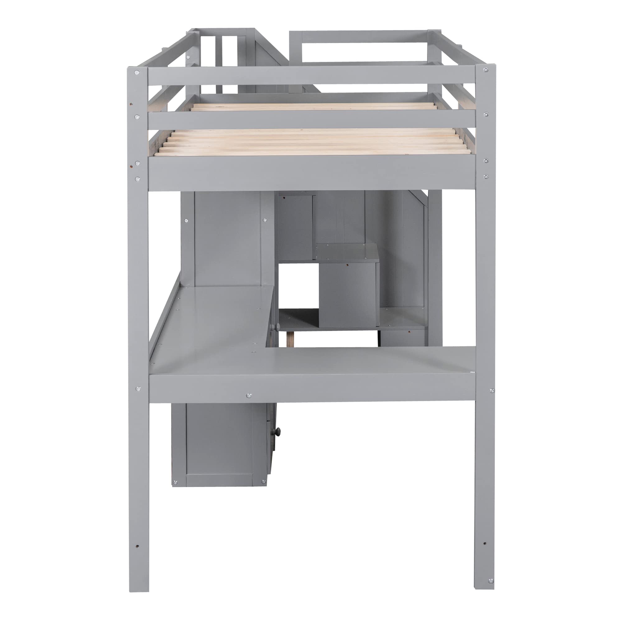 Wood Loft Bed Twin Size, Multifunctional Twin Bed Frame with L-Shaped Desk and Drawers, Cabinet and Storage Staircase, Gray