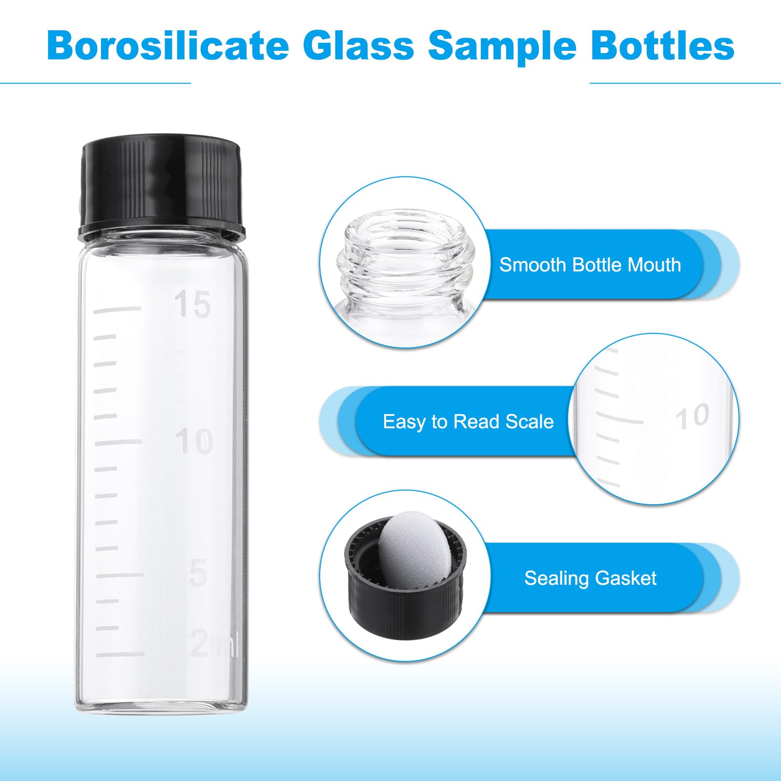 PATIKIL 6pcs 15ml Small Clear Glass Vials with Black Screw Cap, Borosilicate Glass Graduated Sample Bottles for Solid Liquid Powder Storage