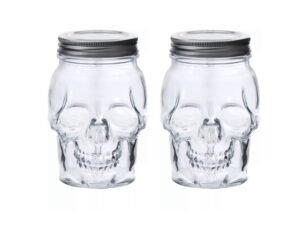 dura living set of 2 skull mason jar glasses with lids | 16oz reusable halloween drinking glasses | unique skull décor, storage, & canning jars for parties & gifts