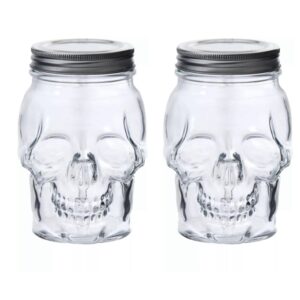 DURA LIVING Set of 2 Skull Mason Jar Glasses with Lids | 16oz Reusable Halloween Drinking Glasses | Unique Skull Décor, Storage, & Canning Jars for Parties & Gifts