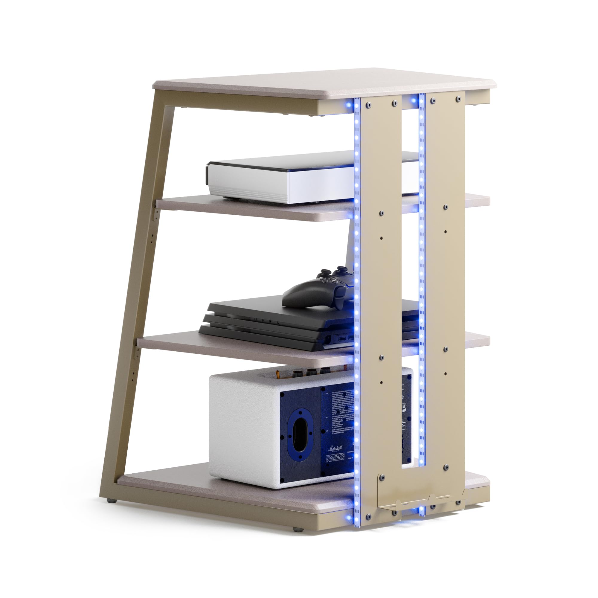 FITUEYES Design 4-Tier AV Media Stand with LED Lights, Wooden Stereo Cabinet, Audio Rack Tower with Adjustable Shelves, Small AV Component Entertainment Stand, Khaki