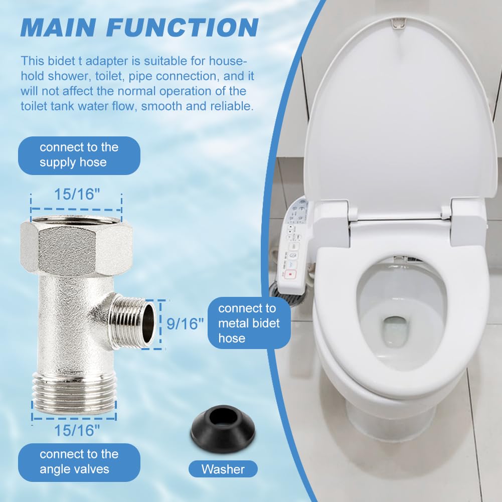 Bidet T Adapter, 3 Way Adapter or Tee Connector (15/16″ x 15/16″ x 9/16″ or 7/8″ x 7/8″ x 3/8″), Bidet Attachment for Toilet