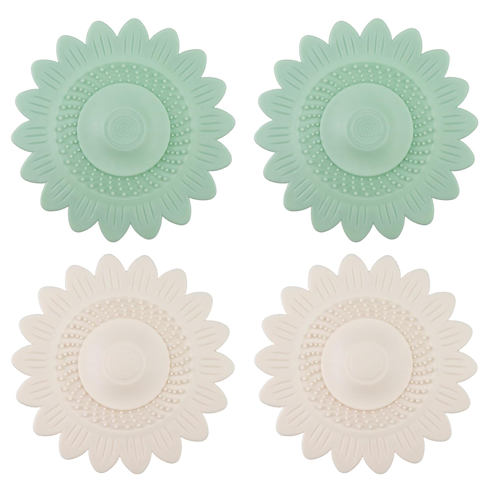 Mewutal 4pcs Drain Hair Catcher Silicone Shower Drain Covers Flower Shape Tub Stopper Floral Bathtub Plugs Shower Drain Protectors Hair Stoppers for Kitchen Sink Bathroom Drain (2 Green and 2 White)