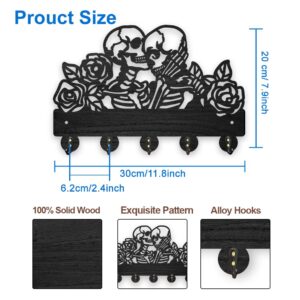 MAYJOYDIY Halloween Skull Key Holder for Wall Wood Rose Flower Skeleton Undead Key Hook 11.8×7.9inch Black Coat Rack 5 Alloy Hooks Home Decor Gifts Entryway Kitchen Storage Organizer