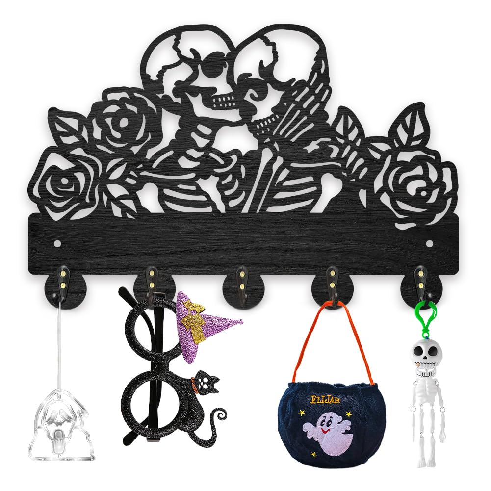 MAYJOYDIY Halloween Skull Key Holder for Wall Wood Rose Flower Skeleton Undead Key Hook 11.8×7.9inch Black Coat Rack 5 Alloy Hooks Home Decor Gifts Entryway Kitchen Storage Organizer