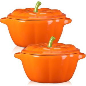 ziliny 2 pcs pumpkin bowls ceramic pumpkin dish 13 oz casserole cookware serving pot pumpkin safe oven pot with lid and handle for fall halloween thanksgiving autumn cooking baking dessert