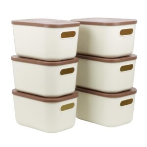 6pcs small storage bins with lids, stackable plastic organizer bin storage containers for organizing, shelf baskets for pantry cabinet shelves desktop freezer drawer organization (beige, small)