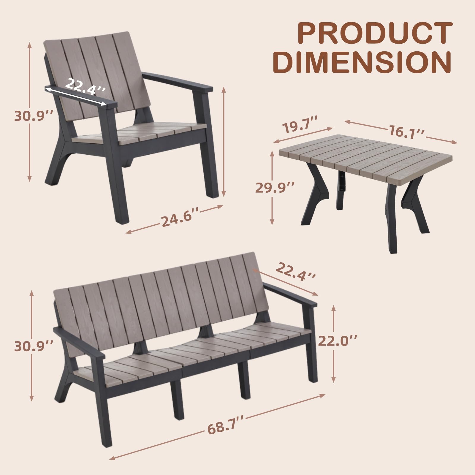 U-MAX HDPE 4 Pieces Patio Furniture Set, Outdoor Patio Conversation Set with Coffee Table 3-Seat Sofa and 2 Armchairs All Weather Resistant for Porch Garden Lawn Balcony Poolside Backyard