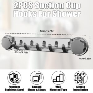 SEILETOO 2PCS Suction Cup Hooks for Shower, Waterproof No Drill Hook, Removable Reusable Stainless Steel Shower Hooks for Loofah, Kitchen, Glass Door, Window, Mirror, Smooth Tile