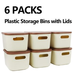 6Pcs Small Storage Bins with Lids, Stackable Plastic Organizer Bin Storage Containers for Organizing, Shelf Baskets for Pantry Cabinet Shelves Desktop Freezer Drawer Organization (Beige, Small)