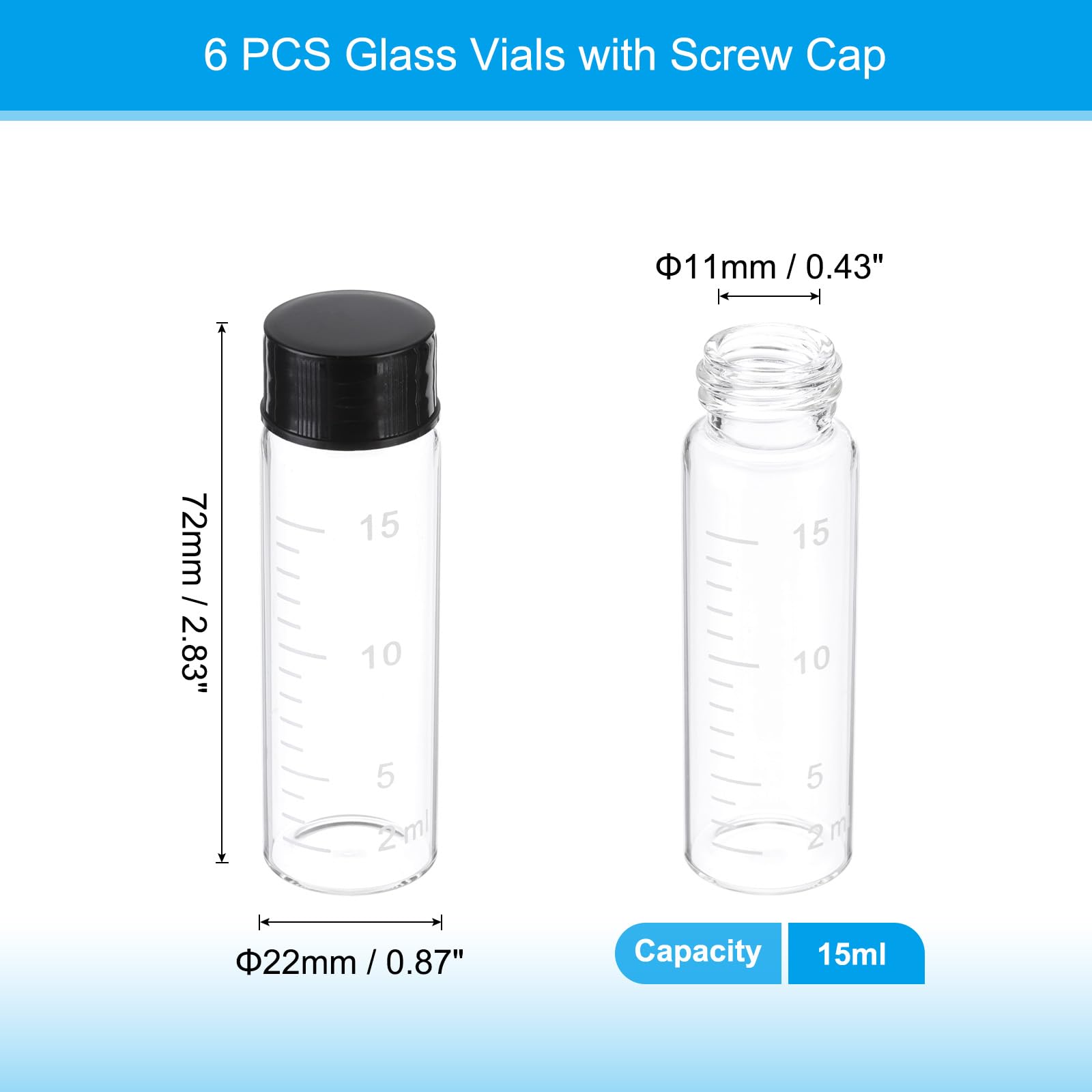 PATIKIL 6pcs 15ml Small Clear Glass Vials with Black Screw Cap, Borosilicate Glass Graduated Sample Bottles for Solid Liquid Powder Storage