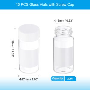 PATIKIL 10pcs 20ml Small Clear Glass Vials with White Screw Cap, Borosilicate Glass Sample Bottles with Writing Label for Solid Liquid Powder Storage