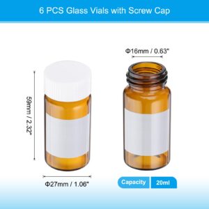 PATIKIL 6pcs 20ml Small Brown Glass Vials with White Screw Cap, Borosilicate Glass Sample Bottles with Writing Label for Solid Liquid Powder Storage