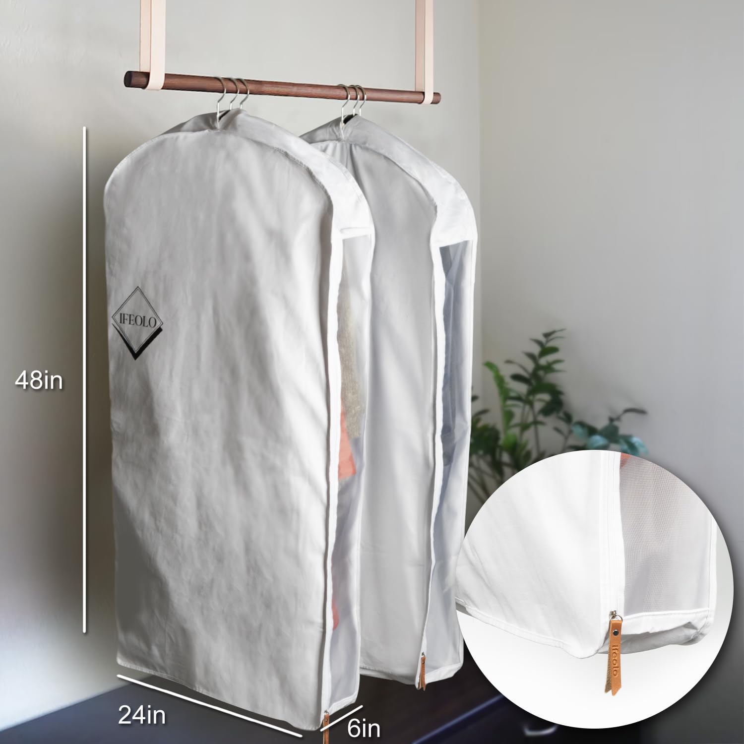 2PC Luxury 48'' Organic Cotton Garment Storage Bag for Hanging Clothes | 8 Cedar Blocks for Fresh Smell| Breathable Garment Bag for Hanging Clothes for Closet Best for Suit, Sweater, Short Dress, Gown