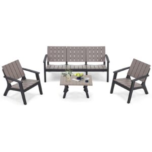 U-MAX HDPE 4 Pieces Patio Furniture Set, Outdoor Patio Conversation Set with Coffee Table 3-Seat Sofa and 2 Armchairs All Weather Resistant for Porch Garden Lawn Balcony Poolside Backyard