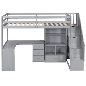 Wood Loft Bed Twin Size, Multifunctional Twin Bed Frame with L-Shaped Desk and Drawers, Cabinet and Storage Staircase, Gray