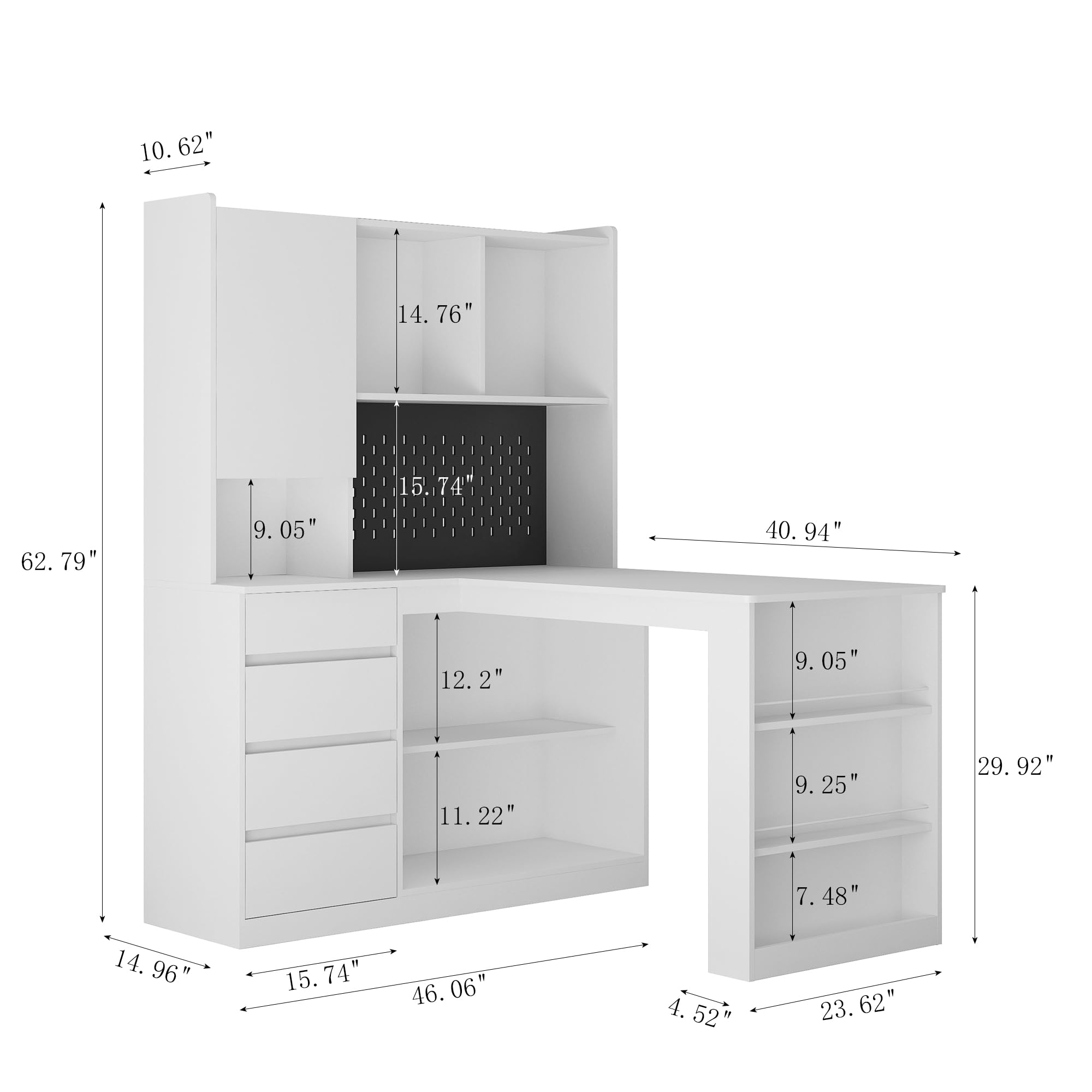 RuiSiSi Home Office L Shaped Corner Desk with Hutch, Drawers & Bookshelf, Modern Desk with LED Light, Study Table Writing Desk, Gaming Computer Desk with Storage, White