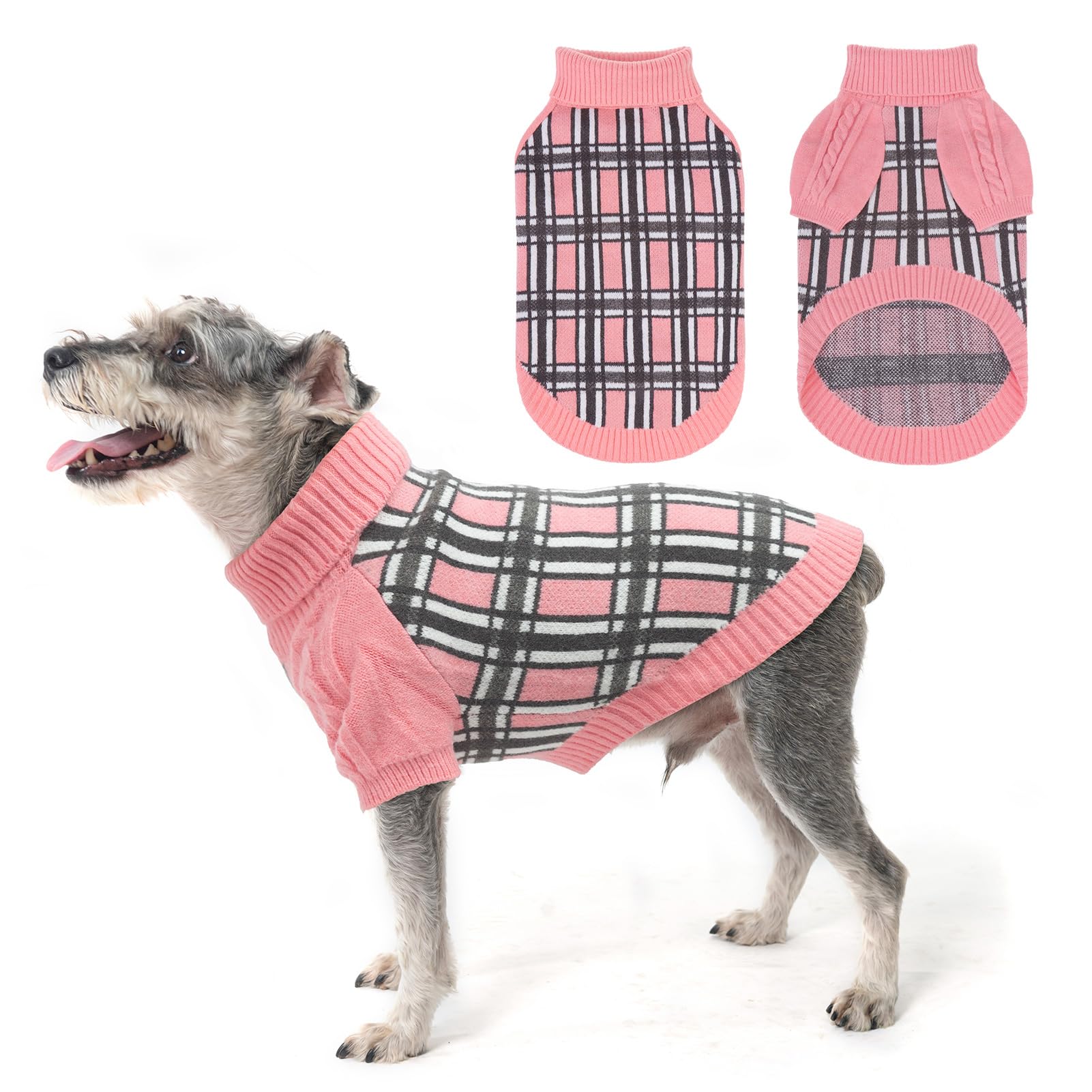 SCENEREAL Small Dog Pullover Sweater, Cold Weather Cable Knitwear, Classic Plaid Turtleneck Thick Warm Dog Clothes for Chihuahua, Bulldog, Dachshund, Pug, S Medium Dogs