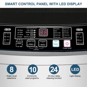 rosmena Automatic Washing Machine, Portable 25 LBS Full Washing Machine with LED Display & 10 Programs & 8 Water Levels Selections & Drain Pump, Compact Laundry Washer for Apartment, Dorm, Grey