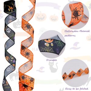 2 Rolls 12 Yards Halloween Wired Edge Ribbon Skull Pumpkin Ribbons Halloween Decorative Spider Web Printed Wrapping Ribbon for Halloween Party Home Wreath DIY Craft Floral Bow