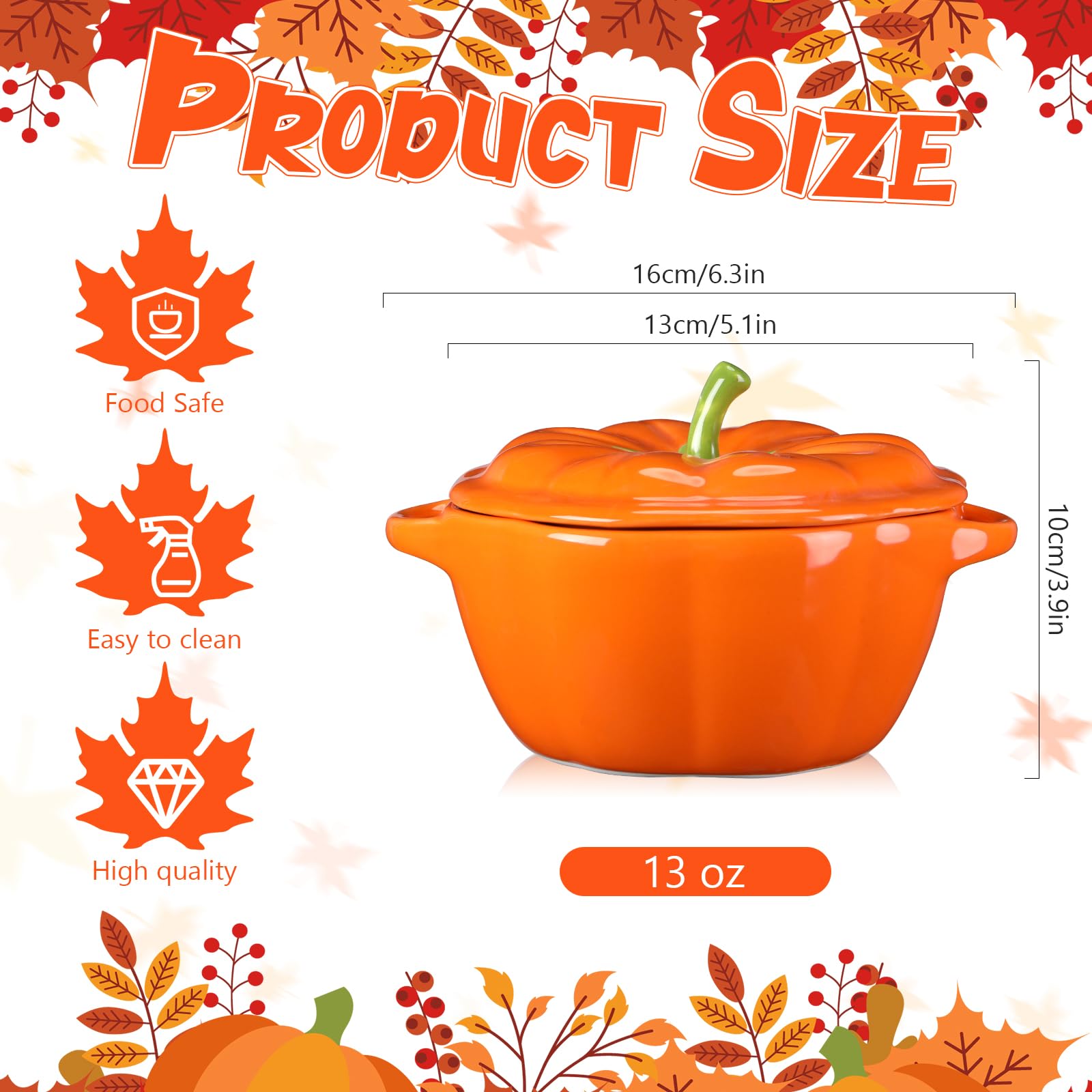 Ziliny 2 Pcs Pumpkin Bowls Ceramic Pumpkin Dish 13 oz Casserole Cookware Serving Pot Pumpkin Safe Oven Pot with Lid and Handle for Fall Halloween Thanksgiving Autumn Cooking Baking Dessert