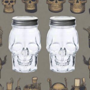 DURA LIVING Set of 2 Skull Mason Jar Glasses with Lids | 16oz Reusable Halloween Drinking Glasses | Unique Skull Décor, Storage, & Canning Jars for Parties & Gifts