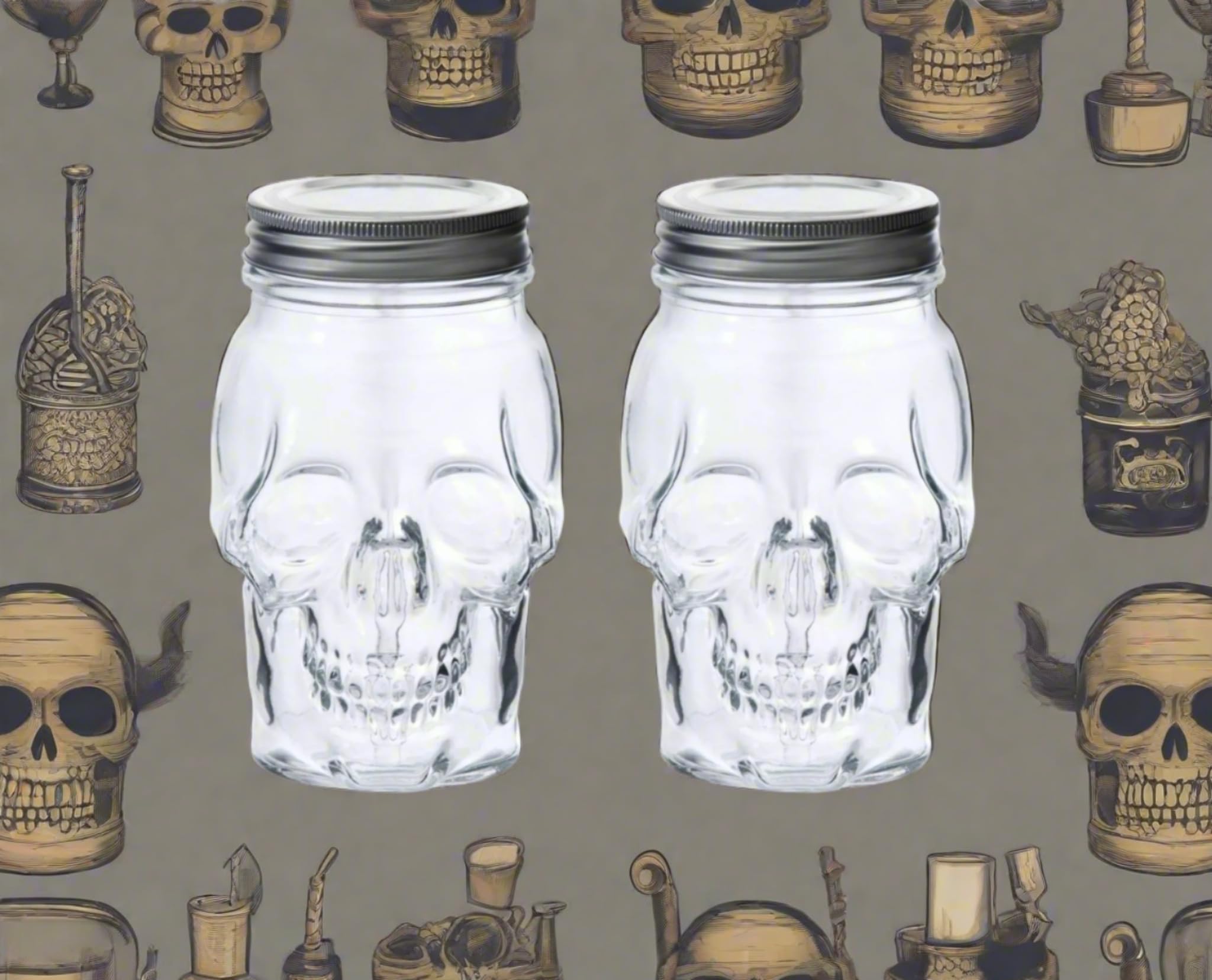 DURA LIVING Set of 2 Skull Mason Jar Glasses with Lids | 16oz Reusable Halloween Drinking Glasses | Unique Skull Décor, Storage, & Canning Jars for Parties & Gifts