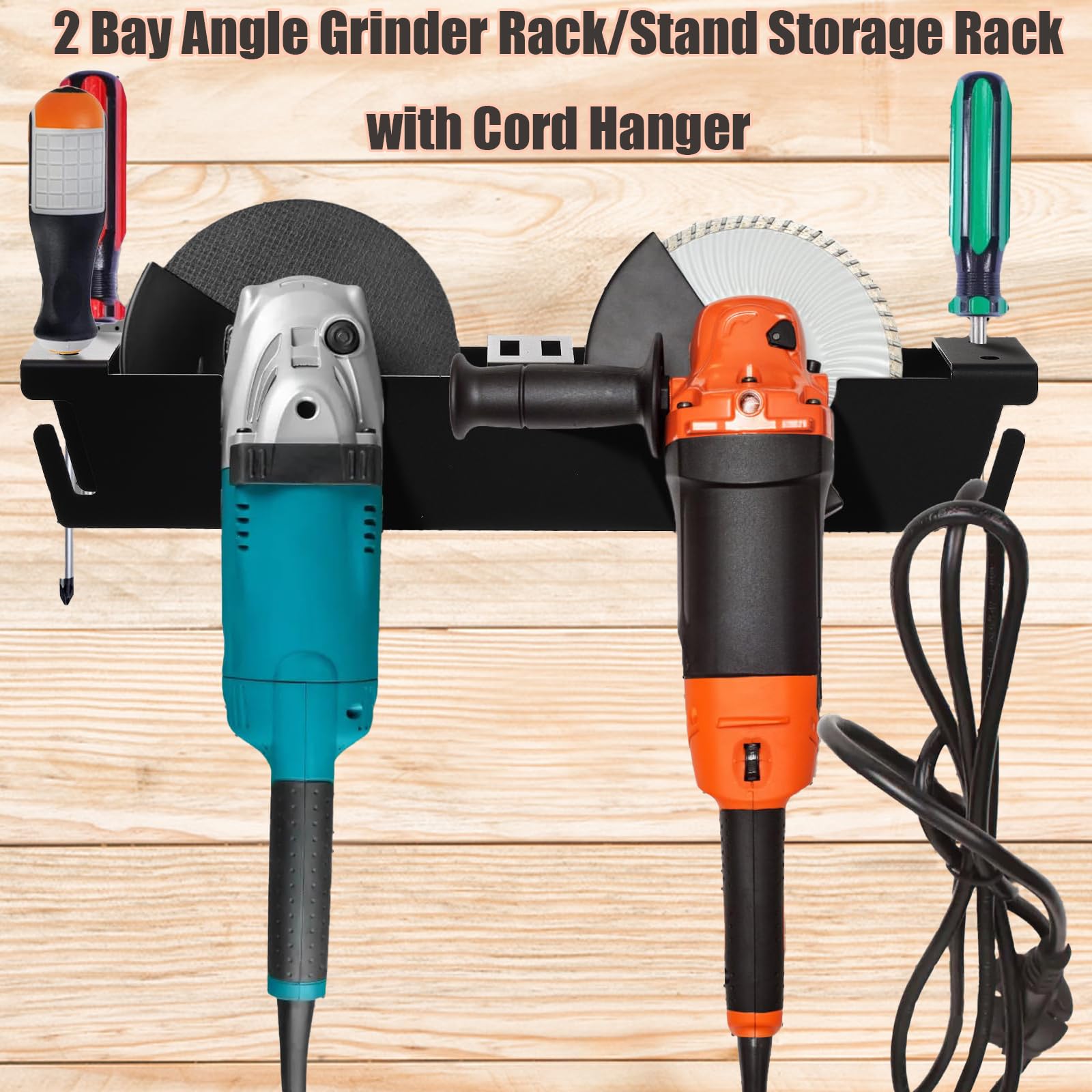 2 Pack Angle Grinder Holders,4 Bay Angle Grinder Stand/Rack with Cord Hanger,Grinders Power Tools Holder Storage Rack,Wall Mount Organizer Bracket for Grinders,Cutters, Polishers,Garage and Workspace