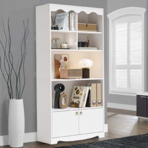 GarveeHome Bookshelf, 5 Tier Open Bookcase and Bookshelf, Modern Bookcase with Doors, Wood Bookcase Storage Organizer Shelf, 63 in Tall Display Storage Shelves for Bedroom Living Room Office, White