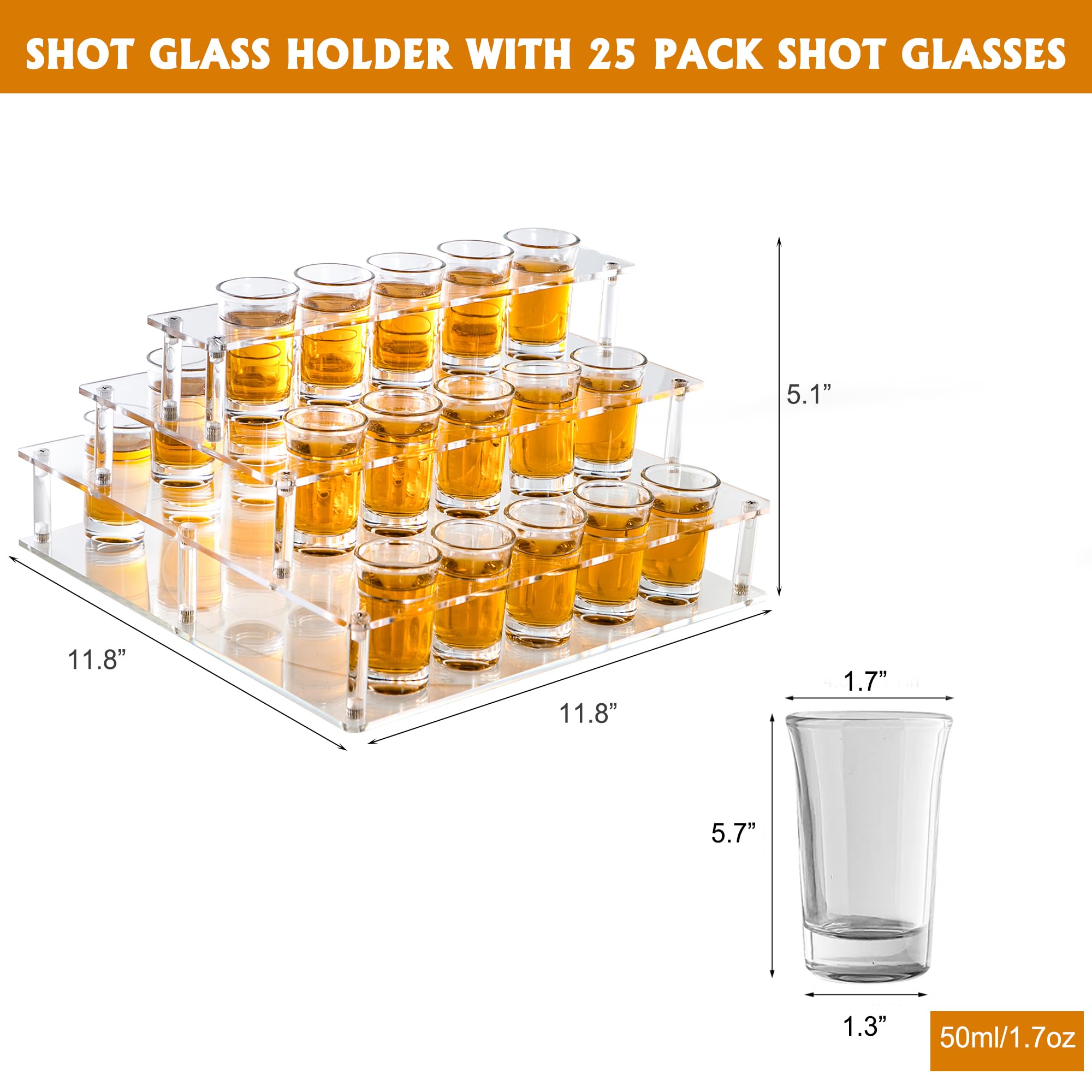 HeiMma Shot Glasses Set of 25 with Holder, 1.7Oz/50ml Shot Glasses, Shot Display Stand, Shot Glass Serving Tray with LED Light for Party, Bar, Drinking Club, Restaurant